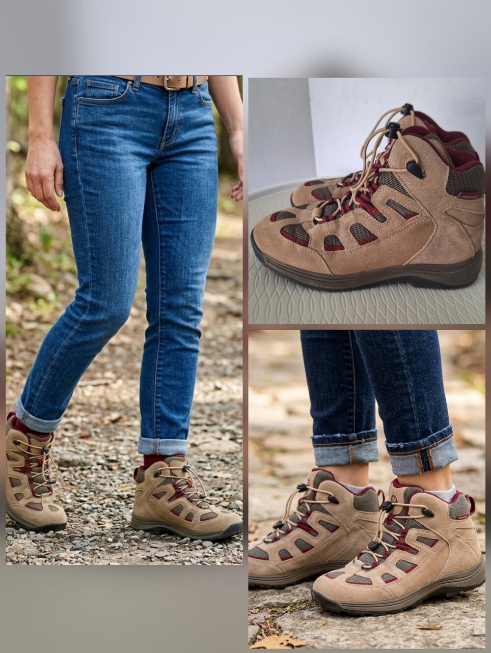 ❤️Lands' End Hiking Boots tan with gray and maroon trim >>>🤍Est'd Sz 6